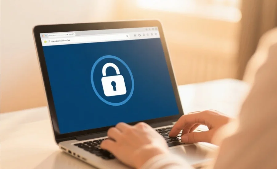 用户在笔记本电脑上安心浏览网站，屏幕上显示锁形安全标志，背景温馨明亮，表现信任与安心
